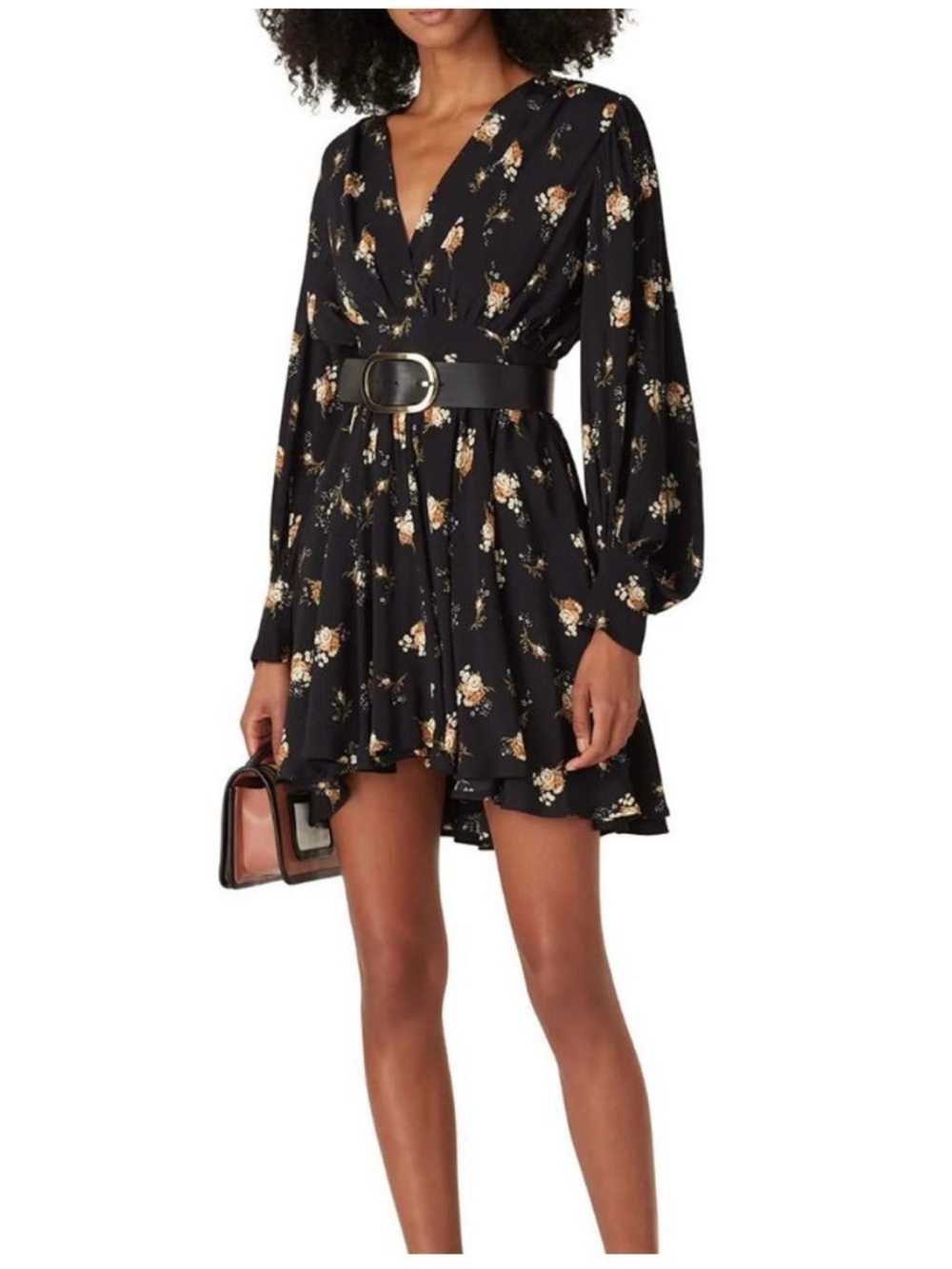 Maje Black Mini Dress with Cream Floral Print